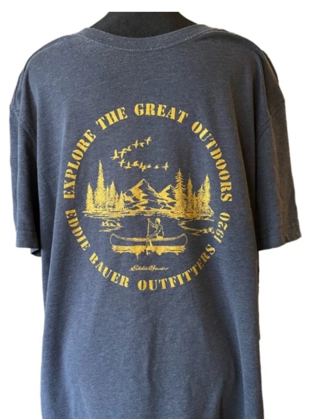 slate blue Eddie Bauer "The Great Outdoors" canoeing graphic t-shirt